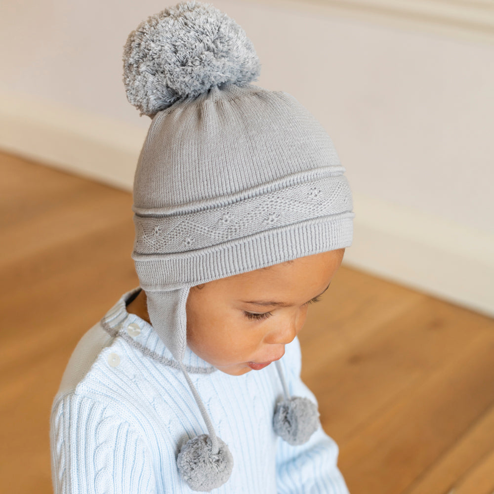 Griffin Grey Baby Bobble Hat with Ear Flaps - Emile et Rose