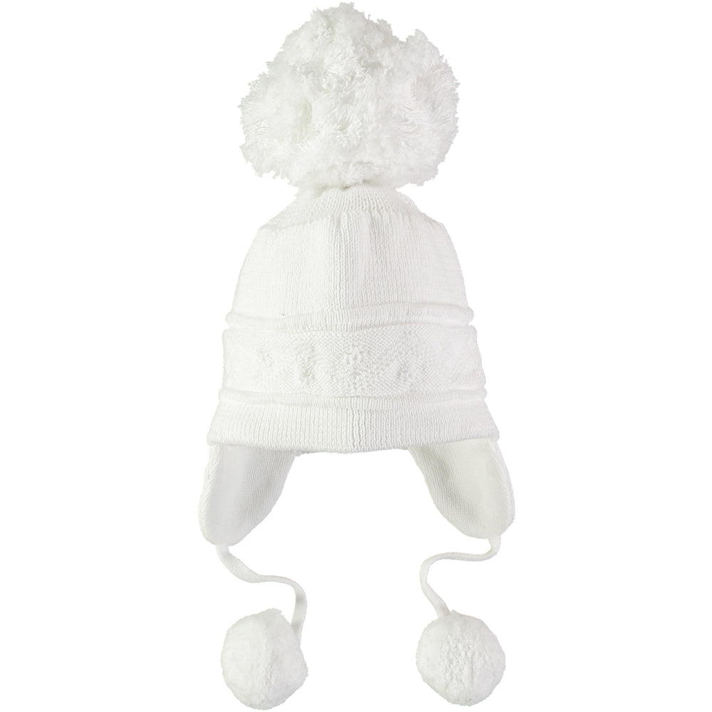 Griffin White Baby Bobble Hat with Ear Flaps - Emile et Rose