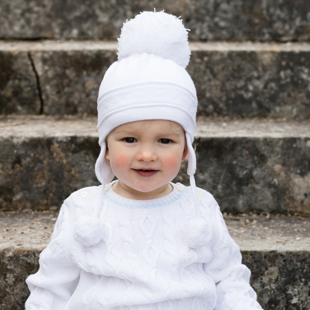 Griffin White Baby Bobble Hat with Ear Flaps Baby Hat Emile et