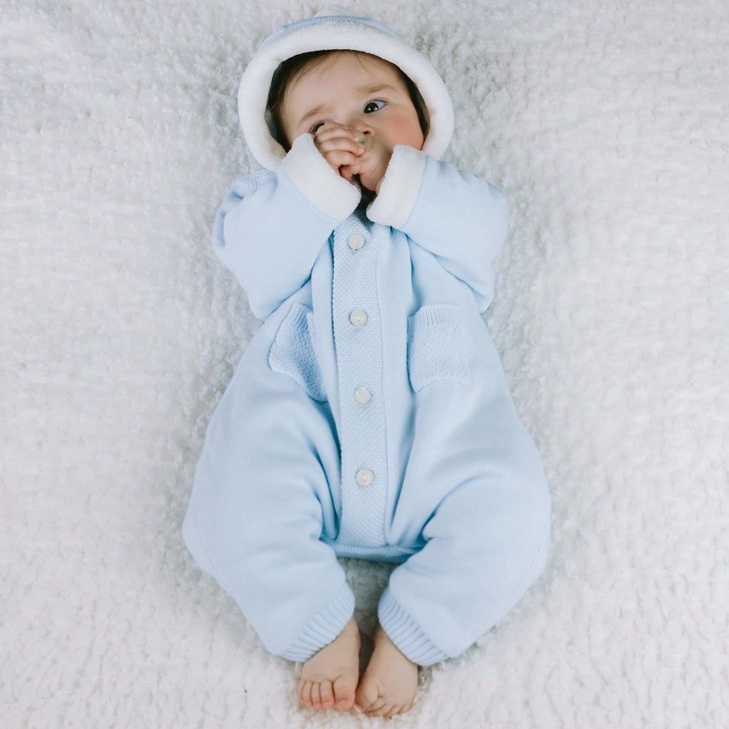 Kane Boys Blue Knitted Pramsuit With Fur Trim
