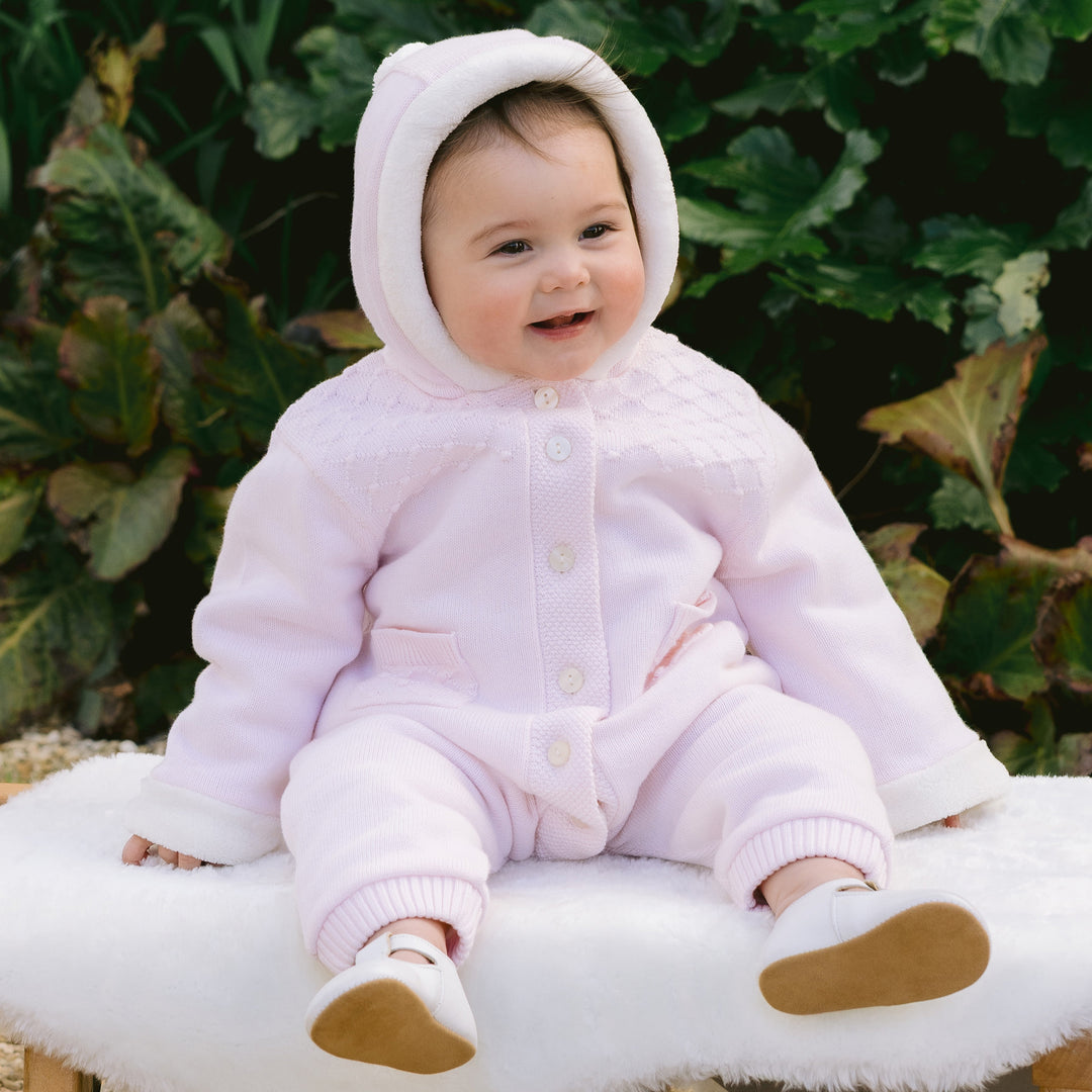 Kirsten Girls Pink Knitted Pramsuit With Fur Trim