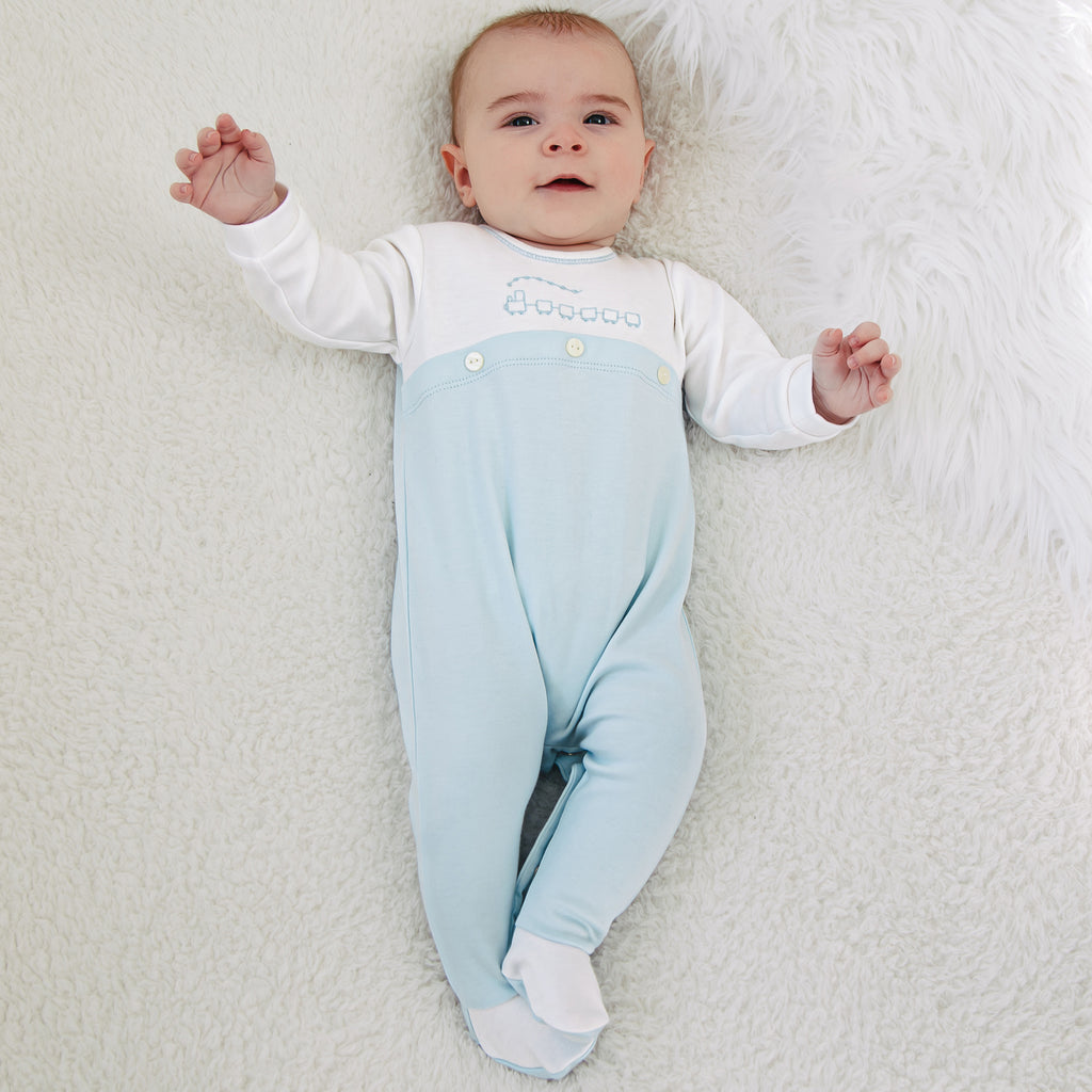 Luka Boys Blue Train Embroidery Babygrow