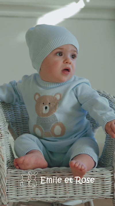 Enzo Blue Knit Teddy Trouser Set with Hat