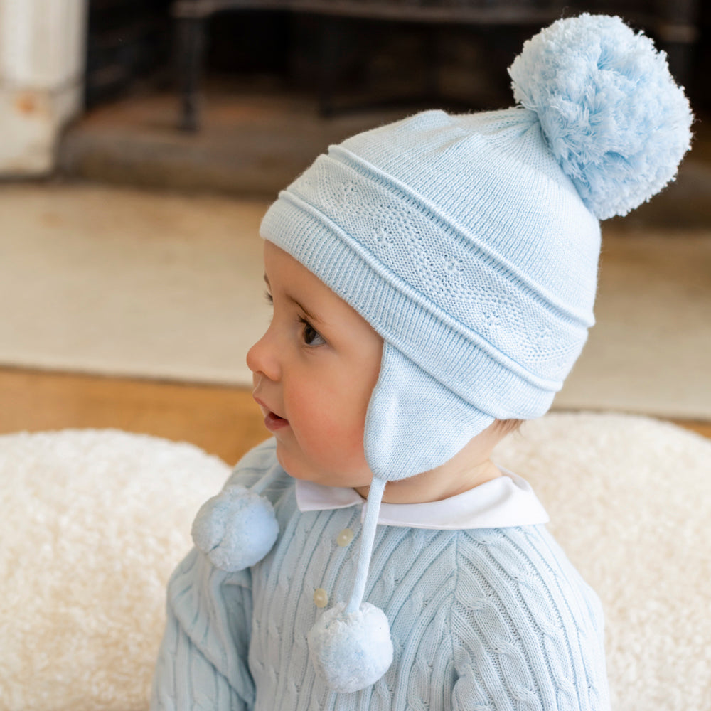 Griffin Blue Baby Bobble Hat with Ear Flaps - Emile et Rose
