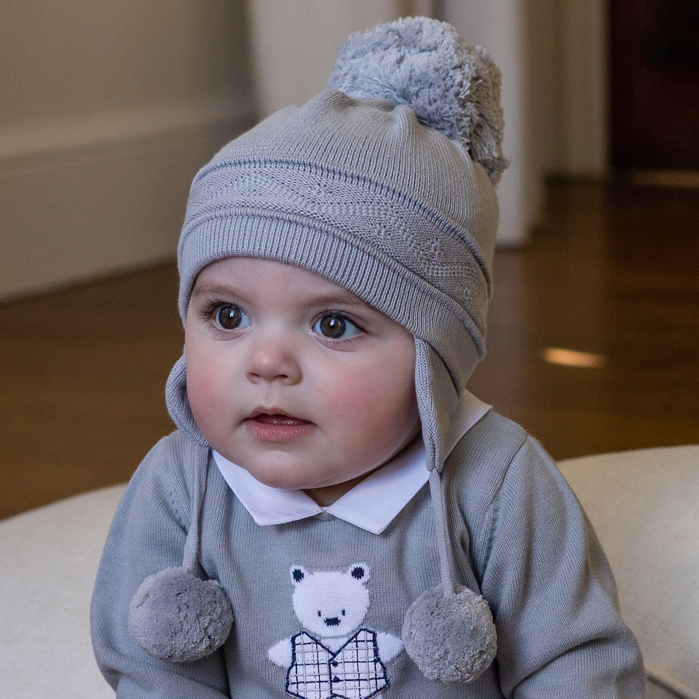 Griffin Grey Baby Bobble Hat with Ear Flaps