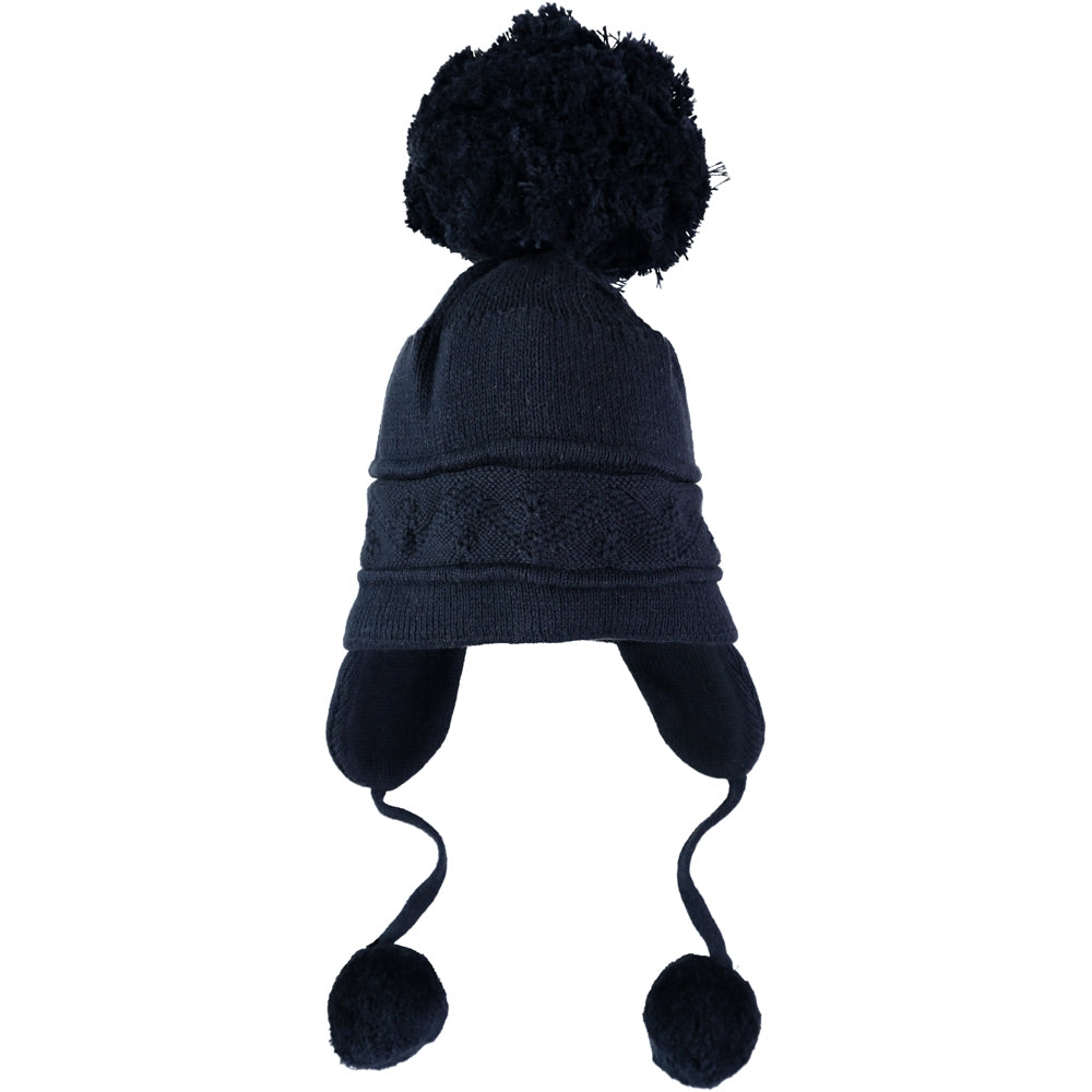 Griffin Navy Baby Bobble Hat with Ear Flaps - Emile et Rose