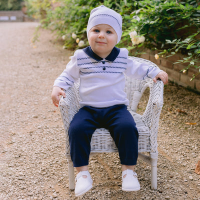 Declan Marineblau gestricktes Baby-Jungen-Hosenset mit Mütze