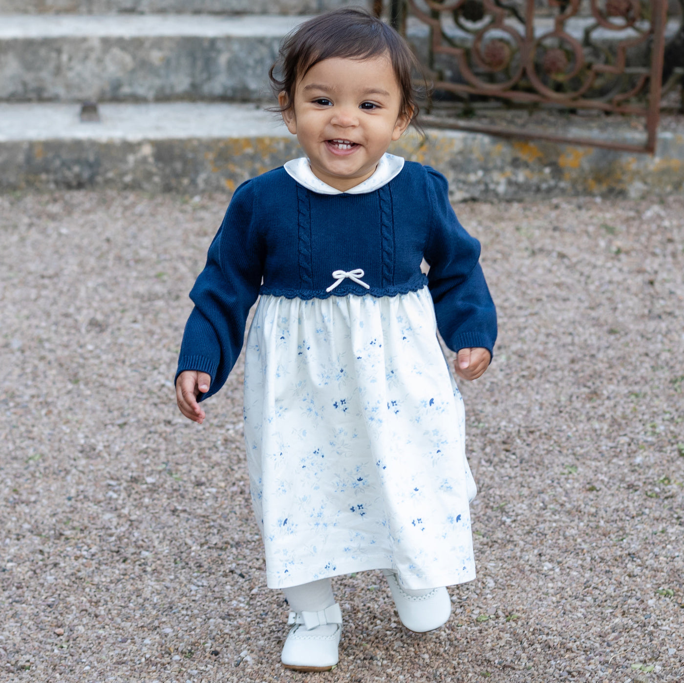 Cerys Navy Girls Floral Dress with Tights Baby Girls Dresses