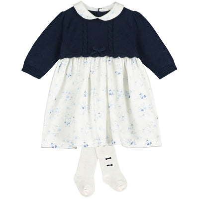 Cerys Navy Girls Floral Dress with Tights