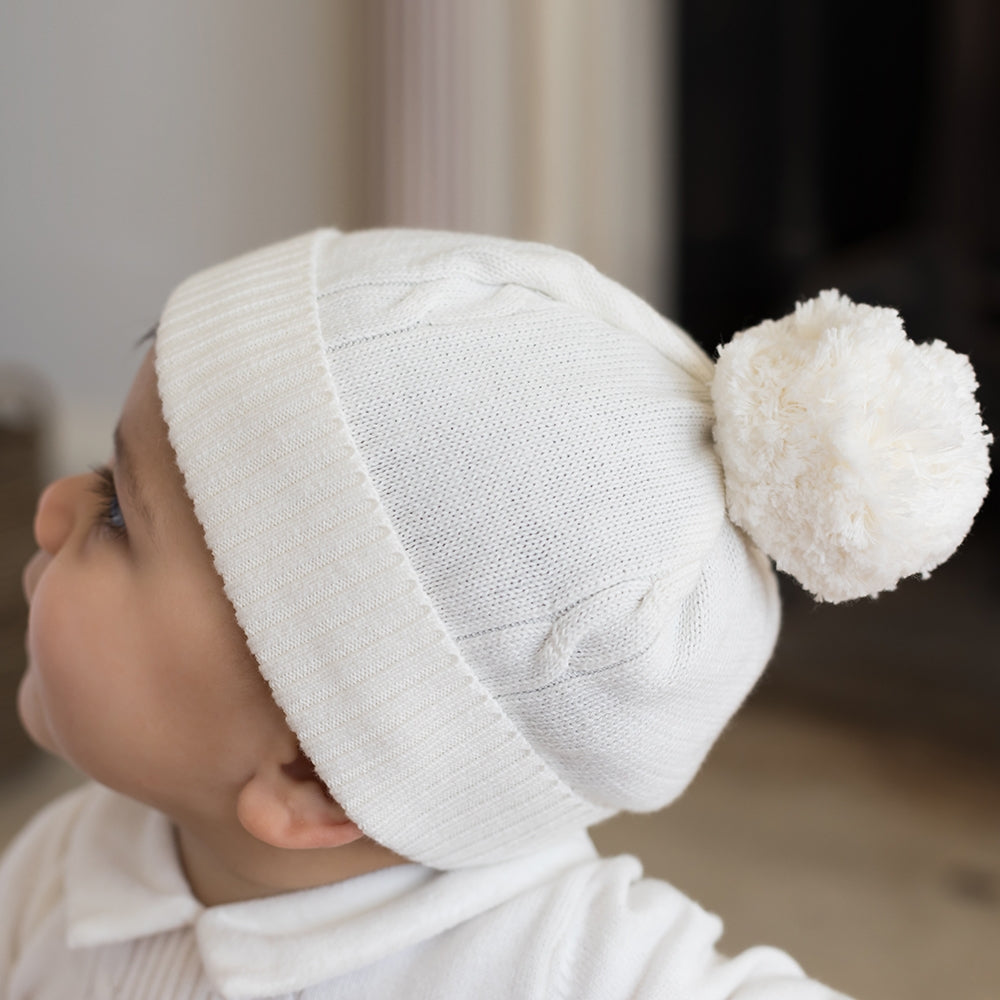 Fuzzy Ivory Baby Bobble Hat - Emile et Rose